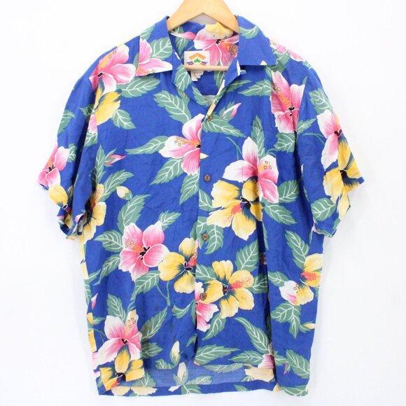 Vintage Pineapple Juice Hawaiian Shirt Mens Blue Floral Pattern Button Down M - Picture 1 of 9